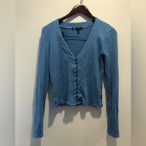 Buffalo David Bitton Blue Ribbed V-Neck Button Long Sleeve Top